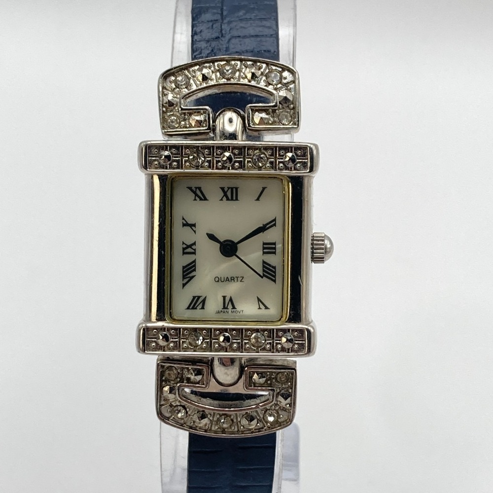 Avon Women's Tank Watch 19mm Silver Tone MOP Dial Crystals Leather New Battery
